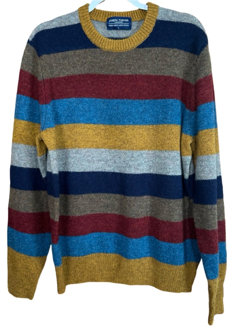Joseph Turner 100% Shetland Wool Blue Gold Striped Crewneck Sweater Size Large